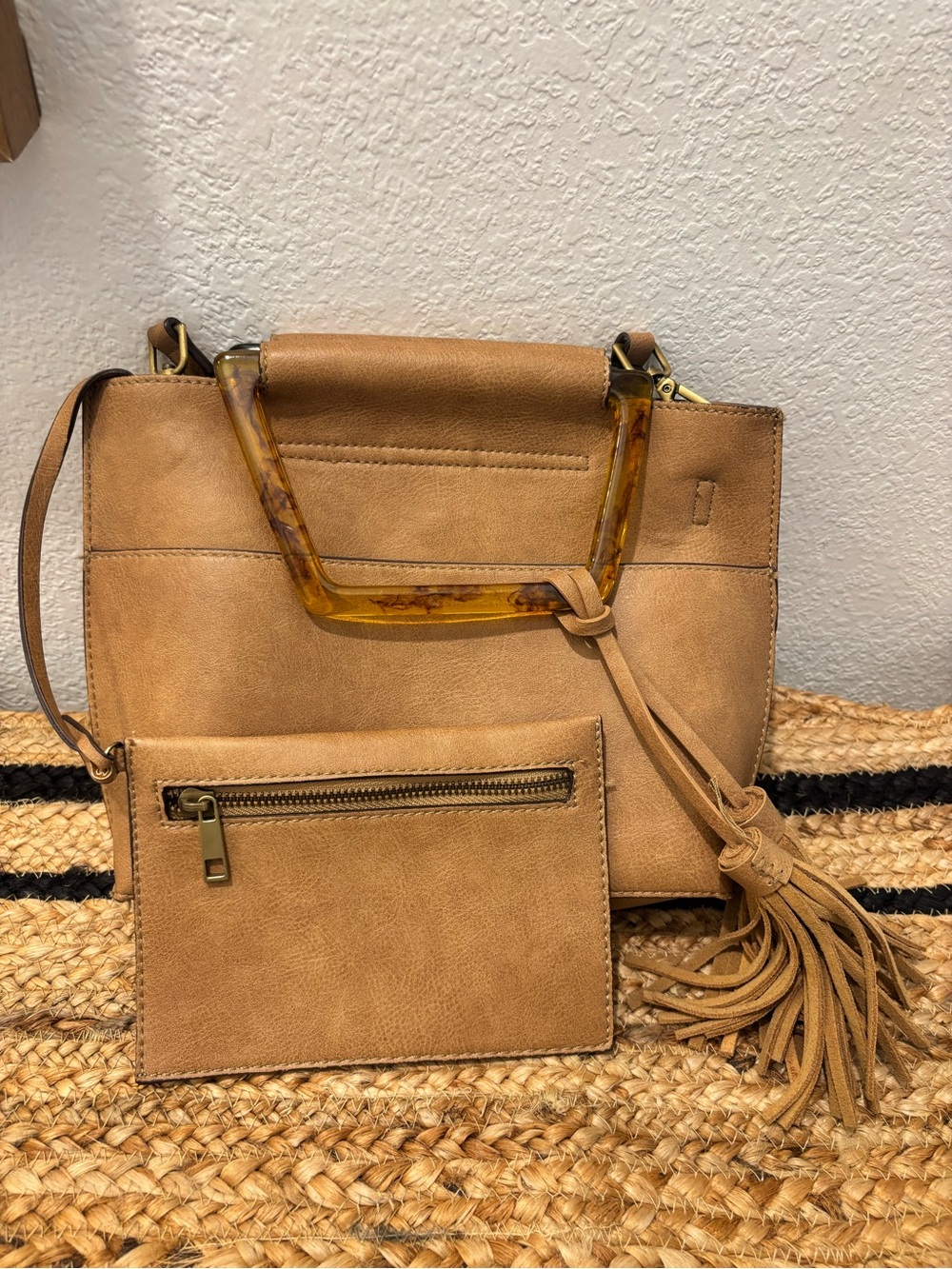 Anthropologie Tan Faux Leather Shoulder Bag with Tortoiseshell Handle & Tassel